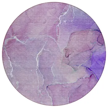 8' Round Purple Round Abstract Washable Non Skid Indoor Outdoor Area Rug