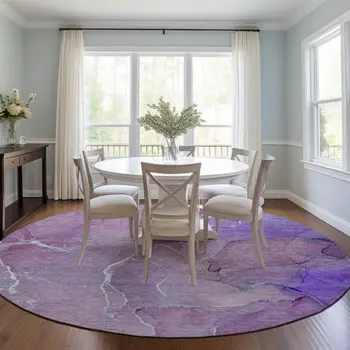 8' Round Purple Round Abstract Washable Non Skid Indoor Outdoor Area Rug