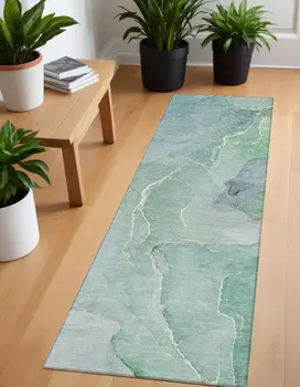 8' Runner Teal Abstract Washable Non Skid Indoor Outdoor Runner Rug