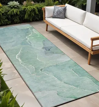 8' Runner Teal Abstract Washable Non Skid Indoor Outdoor Runner Rug