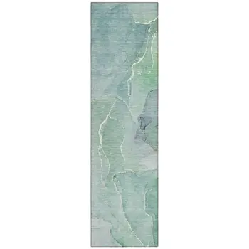 8' Runner Teal Abstract Washable Non Skid Indoor Outdoor Runner Rug