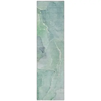 8' Runner Teal Abstract Washable Non Skid Indoor Outdoor Runner Rug