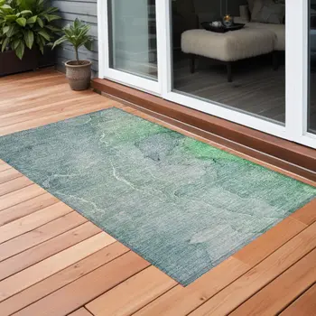 3' X 5' Teal Abstract Washable Non Skid Indoor Outdoor Area Rug
