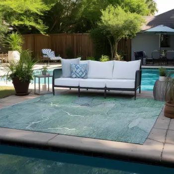 3' X 5' Teal Abstract Washable Non Skid Indoor Outdoor Area Rug