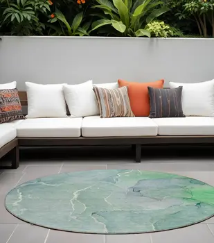 8' Round Teal Round Abstract Washable Non Skid Indoor Outdoor Area Rug