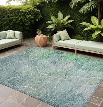 10' X 14' Teal Abstract Washable Non Skid Indoor Outdoor Area Rug