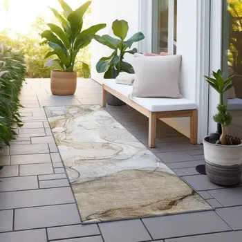 8' Runner Beige Abstract Washable Non Skid Indoor Outdoor Runner Rug