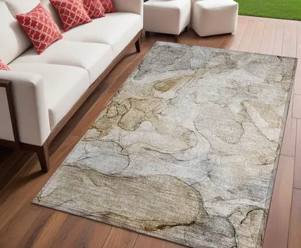 5' X 8' Beige Abstract Washable Non Skid Indoor Outdoor Area Rug