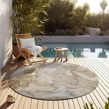 8' Round Beige Round Abstract Washable Non Skid Indoor Outdoor Area Rug