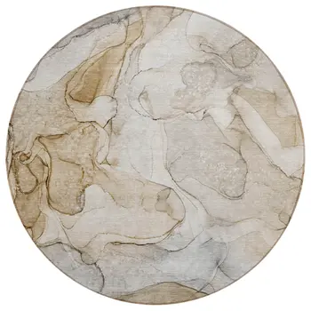 8' Round Beige Round Abstract Washable Non Skid Indoor Outdoor Area Rug
