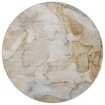 8' Round Beige Round Abstract Washable Non Skid Indoor Outdoor Area Rug