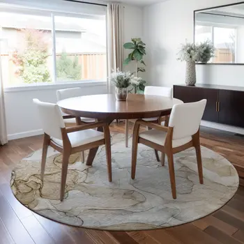 8' Round Beige Round Abstract Washable Non Skid Indoor Outdoor Area Rug