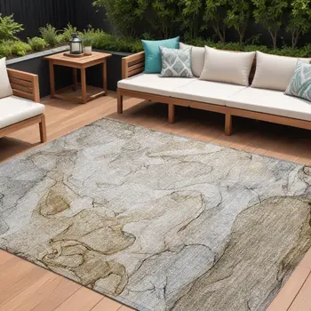 9' X 12' Beige Abstract Washable Non Skid Indoor Outdoor Area Rug