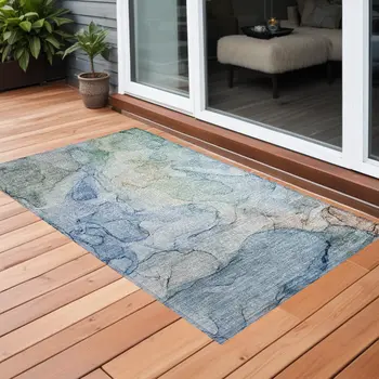 2' X 3' Blue Abstract Washable Non Skid Indoor Outdoor Area Rug