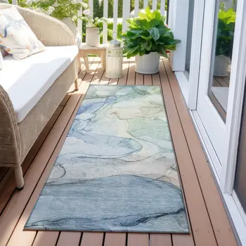 8' Runner Blue Abstract Washable Non Skid Indoor Outdoor Runner Rug