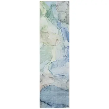 8' Runner Blue Abstract Washable Non Skid Indoor Outdoor Runner Rug