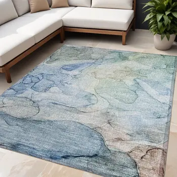 5' X 8' Blue Abstract Washable Non Skid Indoor Outdoor Area Rug