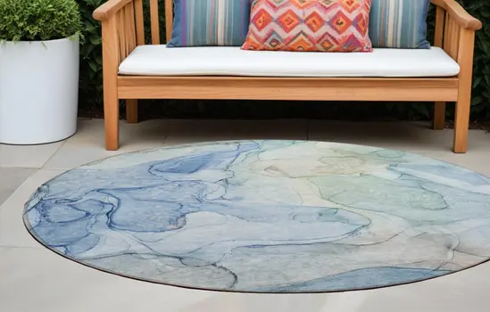 8' Round Blue Round Abstract Washable Non Skid Indoor Outdoor Area Rug