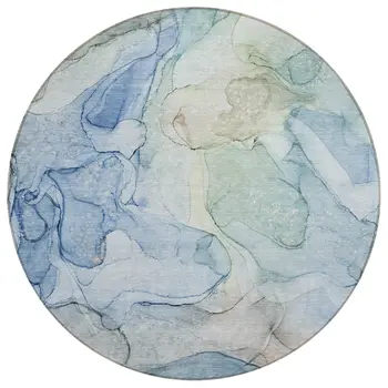8' Round Blue Round Abstract Washable Non Skid Indoor Outdoor Area Rug