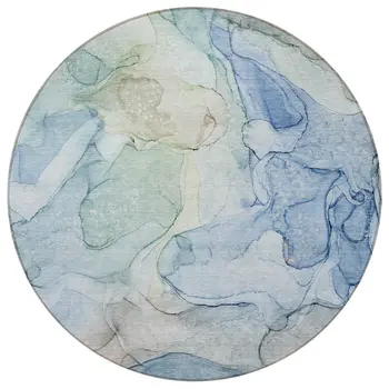8' Round Blue Round Abstract Washable Non Skid Indoor Outdoor Area Rug