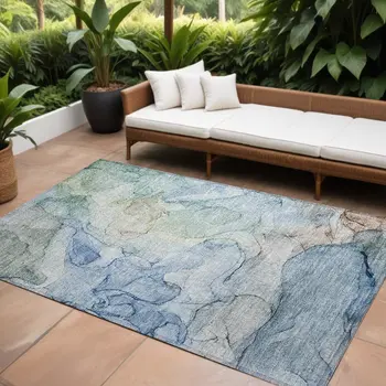 9' X 12' Blue Abstract Washable Non Skid Indoor Outdoor Area Rug
