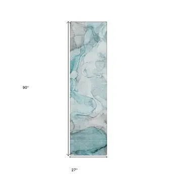 8' Runner Gray and Ivory Abstract Washable Non Skid Indoor Outdoor Runner Rug
