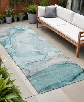 8' Runner Gray and Ivory Abstract Washable Non Skid Indoor Outdoor Runner Rug