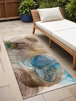8' Runner Beige Abstract Washable Non Skid Indoor Outdoor Runner Rug