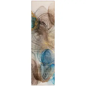 8' Runner Beige Abstract Washable Non Skid Indoor Outdoor Runner Rug