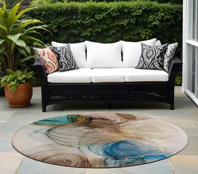 8' Round Beige Round Abstract Washable Non Skid Indoor Outdoor Area Rug