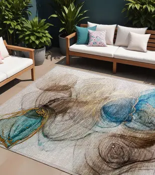 10' X 14' Beige Abstract Washable Non Skid Indoor Outdoor Area Rug