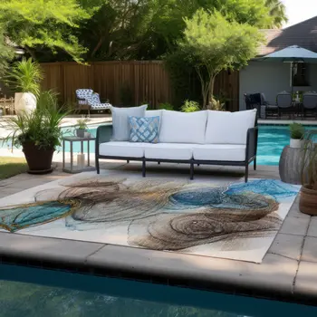 10' X 14' Beige Abstract Washable Non Skid Indoor Outdoor Area Rug