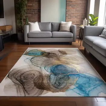 10' X 14' Beige Abstract Washable Non Skid Indoor Outdoor Area Rug