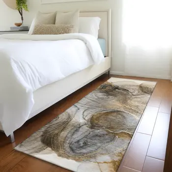 8' Runner Brown Abstract Washable Non Skid Indoor Outdoor Runner Rug