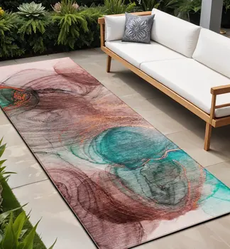 8' Runner Burgundy Abstract Washable Non Skid Indoor Outdoor Runner Rug