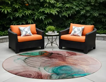 8' Round Burgundy Round Abstract Washable Non Skid Indoor Outdoor Area Rug