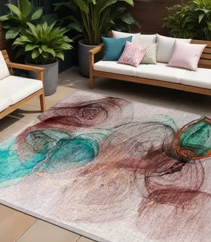 10' X 14' Burgundy Abstract Washable Non Skid Indoor Outdoor Area Rug