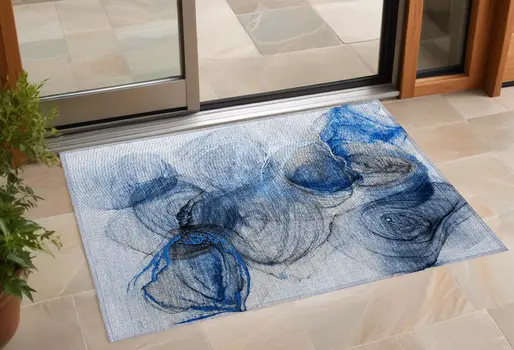 2' X 3' Ivory Blue And Gray Abstract Washable Indoor Outdoor Area Rug