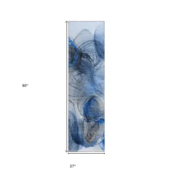 8' Runner Ivory Blue and Gray Abstract Washable Non Skid Indoor Outdoor Runner Rug