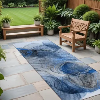 8' Runner Ivory Blue and Gray Abstract Washable Non Skid Indoor Outdoor Runner Rug