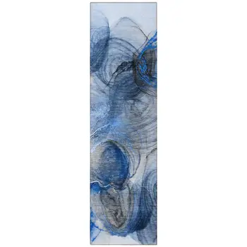 8' Runner Ivory Blue and Gray Abstract Washable Non Skid Indoor Outdoor Runner Rug