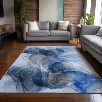 8' X 10' Ivory Blue And Gray Abstract Washable Indoor Outdoor Area Rug