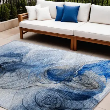 9' X 12' Ivory Blue And Gray Abstract Washable Indoor Outdoor Area Rug