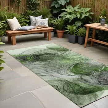 8' Runner Olive Green Abstract Washable Non Skid Indoor Outdoor Runner Rug