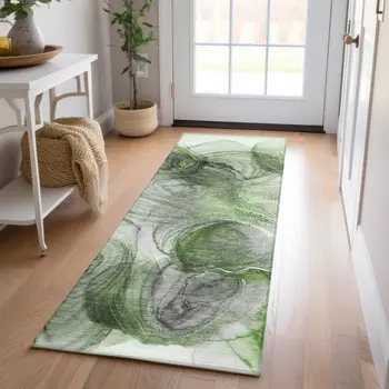 8' Runner Olive Green Abstract Washable Non Skid Indoor Outdoor Runner Rug