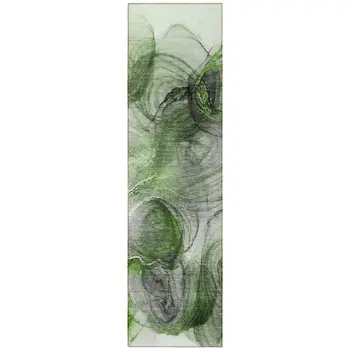 8' Runner Olive Green Abstract Washable Non Skid Indoor Outdoor Runner Rug