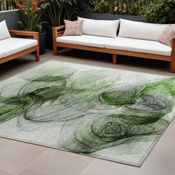8' X 10' Olive Green Abstract Washable Non Skid Indoor Outdoor Area Rug