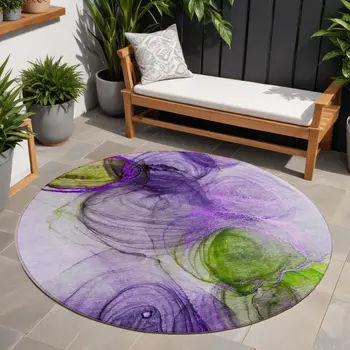 8' Round Purple Round Abstract Washable Non Skid Indoor Outdoor Area Rug