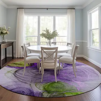 8' Round Purple Round Abstract Washable Non Skid Indoor Outdoor Area Rug