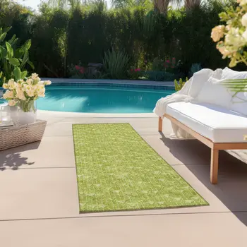 8' Runner Moss Green Geometric Washable Non Skid Indoor Outdoor Runner Rug